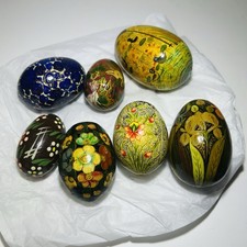 Vintage Hand Painted Colourful Decorative Russian? Wooden Eggs Set Of 7