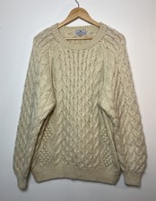 VINTAGE ARAN CABLE KNIT 100% WOOL FISHERMANS JUMPER SWEATER BEIGE CREAM XL