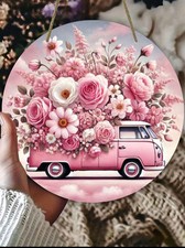 Retro Camper Van Pink sign for garden or home ready to hang ornaments 