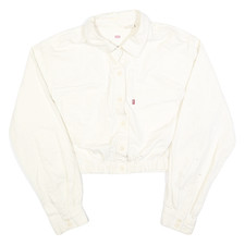 LEVI'S Womens White Cotton Cropped Button Jacket L Plain Long Sleeve Casual