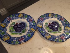 2 x Woods Burslem England TURKEY BLUE  10” Dinner Plates Enoch Thanksgiving 