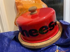 Vintage Red and Black Enamel Cheese Dome With Wooden Base and Handle 1960’s 