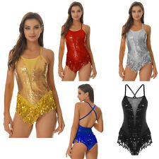 Women Sparkling Sequins Fringed Leotard Tassel Latin Dance Dress Samba Costume