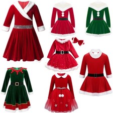 Girls Christmas Santa Claus Costume Long Sleeve Ballet Figure Ice Skating Dress