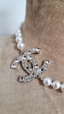 Stunning Chanel Pearl Necklace with Large gold tone Crystal encrusted CC logo 