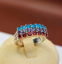 Sterling Silver 925 Multi-Colour Gemstone Band Ring, Triple Row Design, Size N