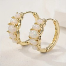 18K Gold Filled Oval Graduated White Opal Style Lever Back Hoop Huggie Earrings