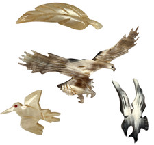 Vintage Hand-Carved Cow Horn Bird's & Feather Brooch Set - 4 Intricate Pieces