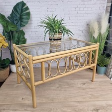 Vintage Coffee Side Table Bamboo Rattan Wicker Glass Top Boho, Tiki, Retro