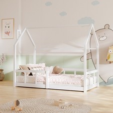 Single Kids Bed Pine Wood Slatted Bed with Safety Fence House Shaped White