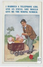 Donald McGill Postcard - Triplets Pram Telephone Wrong Number Girl  - XL series 