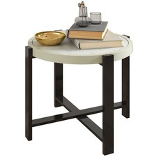 Outsunny Round Small Garden Table with Faux Marble Glass Top, Light Grey