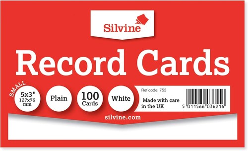 Silvine 5x3 white record cards - 5x3,