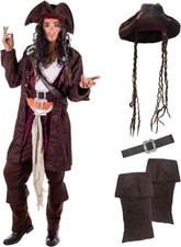 Men`s Caribbean Pirate Captain Costume + Hat + Wig Jack Sparrow Fancy Dress M-XL