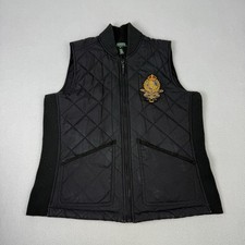 Ralph Lauren Gilet Womens Medium Black Quilted Vest Country Equestrian Crest LRL