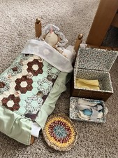 Handmade 42cm Rag Doll In Bed With Patchwork Quilt Trunk And Hand Crocheted Mat