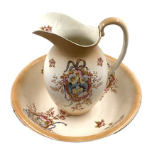 Antique Devon Ware Fielding Wash Jug & Bowl Large Kiln Fired Stent Marks Vintage