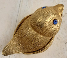 Small sparrow trinket/kumkum/pill box, gold metal, miniature tongs