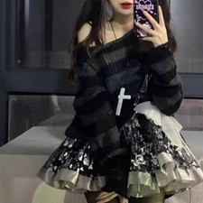 Cool and Comfortable Sweater with Gothic Loose Cut Striped Neck Tops