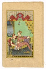 Emperor Akbar And Jodha Bai In Love Scene - Vintage Mughal Painting 6x9.5 Inches