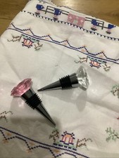 Two Wine Bottle Stoppers Metal Silver Coloured With Crystal Tops Pink / Clear