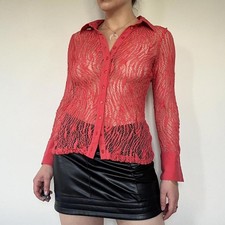 Vintage 00s Anne Fontaine dark orange red lace button down shirt RRP ~£350