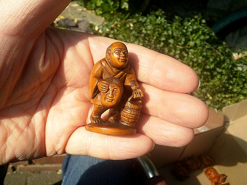 Hand carved wood netsuke man - wood,