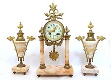 ANTIQUE FRENCH MANTEL CLOCK GARNITURE SET, SOCIETE CLUSIENNE, PORTICO, MARBLE