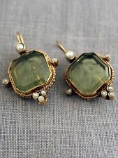 Retro Personality Geometric Pearl Inlaid Green Gemstone Carved Vintage Earrings