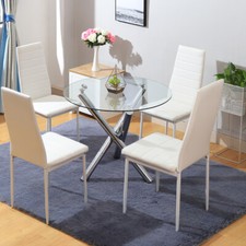 Luxury  Spave Saving Round Glass Dining Table and 4 Seater Chairs Set Kitchen UK