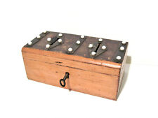 VINTAGE HANDMADE FOLK ART STYLE WOODEN MONEY BOX W/ WHITE GLASS BALLS LOCK & KEY