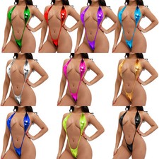 UK Women Shiny Sling Shot Micro Bikini Halter Teddy One-Piece Monokini Swimsuit
