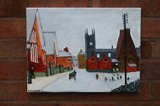 ORIGINAL  PAINTING ON CANVAS  - POTTERIES KIDS PLAYING CRICKET IN THE SNOW