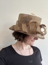 Dark Gold Bronze Natural Straw & Feather Wedding Races Occasion Hat Size 22"