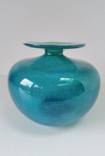 Retro MDINA Turquoise Teal Blue Art Glass Squat Globe Vase - Unsigned