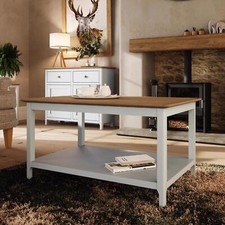 Linen Cream Coffee Table Oak Veneer Top with Shelf Living Room Furniture