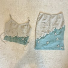 Vintage Y2k Karen Millen Skirt And Too Two Piece Set Cream Turquoise Size 8/10