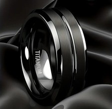 Men's ring Titanium Double Grove Black 8mm Mens Fashion Wedding Band Ring