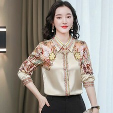 Lady Floral Satin Shirt Blouse Top Long Sleeve Business Formal Shiny Elegant