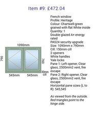 Upvc French Window - Fire Escape, A+ Glazing, Cill & Trickle Included 1090 X 790