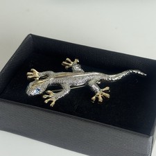 Lizard Gecko Brooch Pin – Gold & Silver Tone with Blue Crystal Eyes