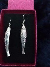 Statement Earrings Jewellery, Unusual Silver Engraved Fish On Non Allergic Hooks