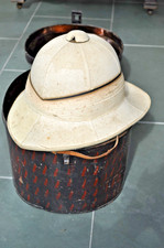 Victorian Toleware Metal Hatbox & Pith Helmet by Gieves, Old Bond Street London.