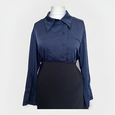 LADYLIKE SATIN BLOUSE WOMEN SHINY NAVY BLUE UK 16 p2p 44” L25”
