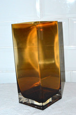 AMBER ART GLASS LARGE VASE MODERN SQUARE MURANO HEAVY 10"X 4" PERFECT EAMES 1970