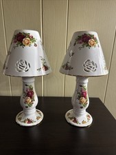 Royal Albert Old Country Roses Holiday Candle Lamp W/Shade Pair.
