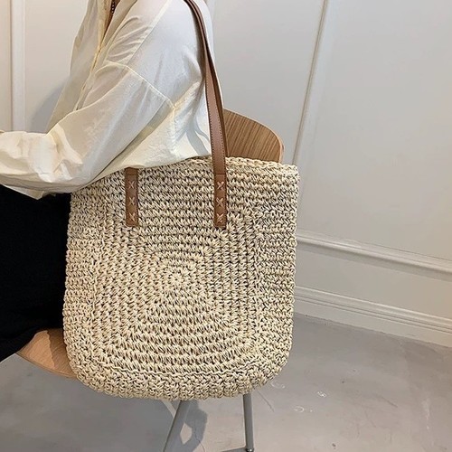 Woven straw shoulder tote - woven,
