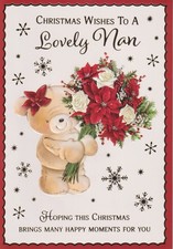 NAN CHRISTMAS GREETING CARD 7"X5" CUTE BEAR WITH FLOWERS