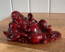 Red Resin Chinese Laughing Reclining Happy Fat Buddha Figure Buddhism 4.5”