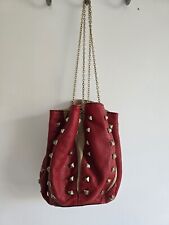 Zara Red Beige Leather Gold Studded Pouch Bag With Gold Chain